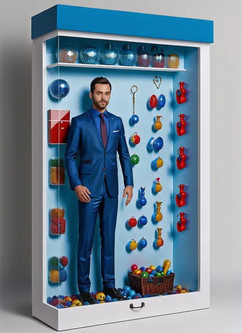 a close up of a man in a suit standing in a display case