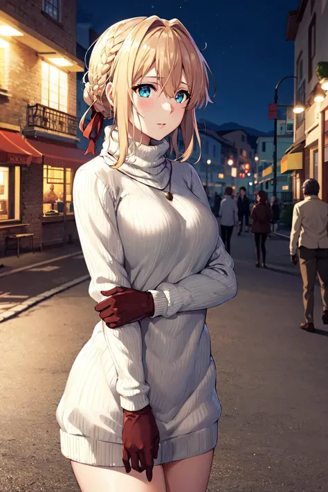 masterpiece, best quality, highres, violet evergarden, braid, hair ribbon, red ribbon, <lora:violet_evergarden_v1:0.7>, sweater dress, turtleneck, ribbed sweater, gloves, night, street, standing, cowboy shot,