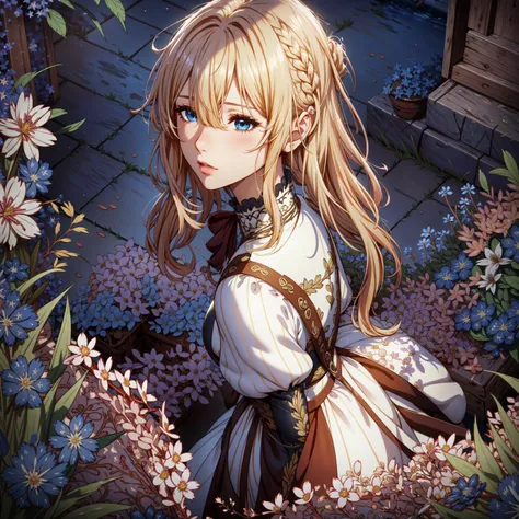 (masterpiece:1.2, best quality:1.1, highres,absurdres, high quality),(photorealistic:1.1),reflected light, colorful,ultra-detailed,8k, ultra hd, super detailed,
violet evergarden, blonde hair, blue eyes, hair hair between eyes,  lying,on back,grass,flower ...