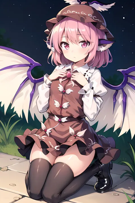 masterpiece, high quality, 1girl, solo, mystia lorelei, touhou, short hair, animal ears, pink hair, wings, pink eyes, hat, dress, thighhighs, black footwear, kneeling, shiny skin, outdoors, night <lora:MystialoreleiTouhou_1.0ver:0.3>