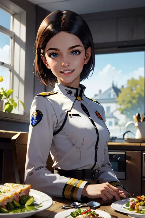 mirandak, short hair, wearing white military uniform, looking at viewer, smiling, happy, teeth, medium shot, 
inside a futuristic kitchen, sitting behind a table, plate full of food, meat, vegetables, window, blue sky, extreme detail, masterpiece,  <lora:M...