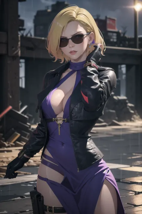 (masterpiece, best quality, highly detailed, high resolution), 1girl, <lora:tekken ninaV2:0.8>, nina tekken8, purple dress, leather jacket, sunglasses, short hair, solo, detailed face, looking at viewer, cleavage, (medium breasts, slim body, wide hips), ci...