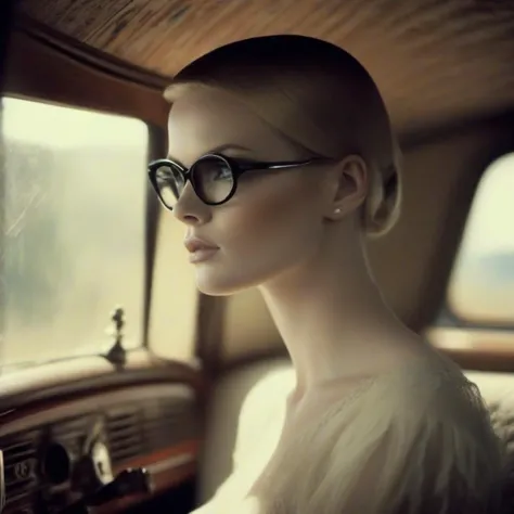 embedding:annev annev a woman with a crew cut hairstyle with black fade hair and bangs!!!!!!, with nerdy glasses, in a vintage chevy vintage chevy vintage cabin, in luxury advertisement, rim lighting, dramatic backlighting, beautiful detailed eyes, by ross...