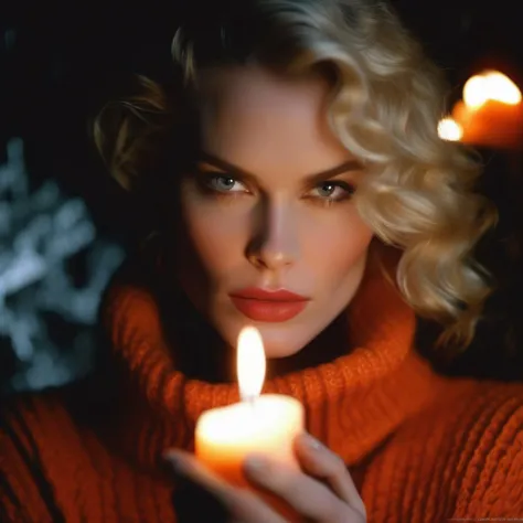 embedding:annev annev beauty photography, (close up face shot:1.2), beautiful shy young woman holding a candle to her face, age 30, wearing a orange turtle neck sweater, curly hairstyle, standing in a dark cave, candle lighting, eye level, shot on large fo...