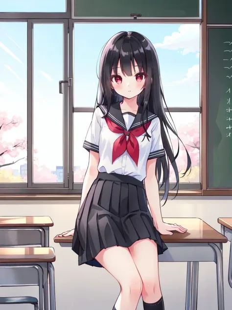 ,(masterpiece),(highres),(high quality),
,(cute girl:1.2),(solo),(skinny), (petite),
,(black hair:1.3),(red eyes),(long hair:1.2),
,(school uniform),(white shirt),(black skirt),
,(school),(classroom),(sakura),
,(looking at viewer),
