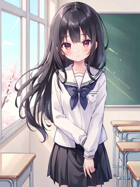 ,(masterpiece),(highres),(high quality),
,(cute girl:1.2),(solo),(skinny), (petite),
,(black hair:1.3),(red eyes),(long hair:1.2),
,(school uniform),(white shirt),(black skirt),
,(school),(classroom),(sakura),
,(looking at viewer),