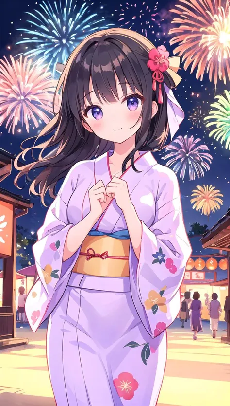 a woman in a kimono outfit standing in front of fireworks