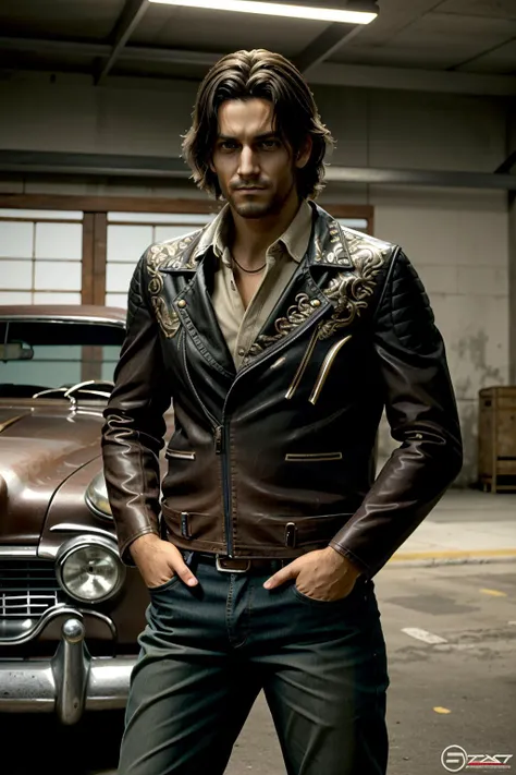 ((ultra detailed, masterpiece, best quality))
 <lora:RE4Luis:0.8>
RE4Luis, 1boy, solo, brown hair, Within a classic car garage, rugged denim and leather jacket, surrounded by vintage cars, posing with an effortlessly cool stance