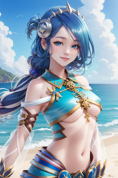 masterpiece, best quality, dana iclucia, hair ornament, blue crop top, underboob, ribbon, detached sleeves, blue skirt, see-through, upper body, smile, closed mouth, serene expression, looking at viewer, ocean, sky <lora:dana-nvwls-v2:0.9>