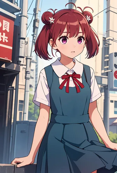 anime girl in a school uniform standing on a city street