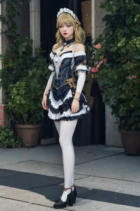 araffe dressed in a maid costume standing on a sidewalk