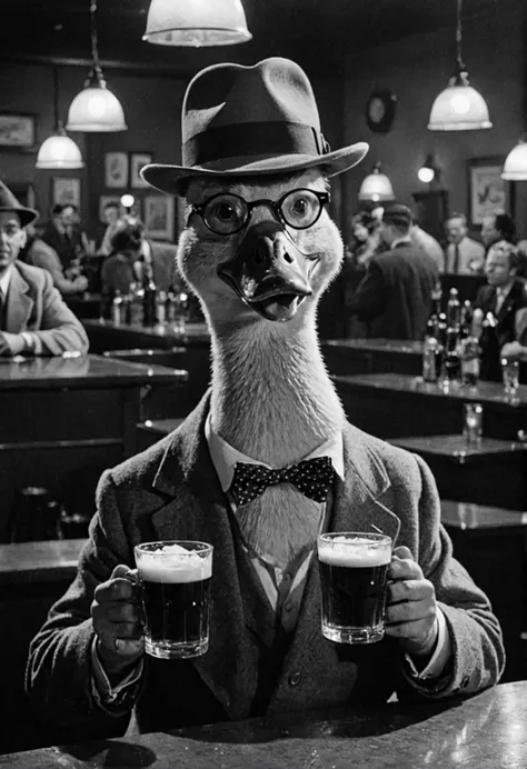 1950s detective film, a duck with hat and using glasses at the bar with a big mug of beer. Captured on a 35mm camera, black and white, classic film noir film. <lora:JuggerCineXL2:0.8>