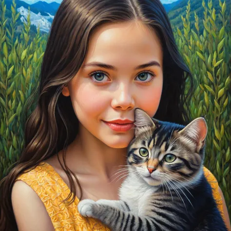 by Victor Nizovtsev and Becky Cloonan in the style of Phuoc Hoai Nguyen and Mark Keathley and Jasmine Becket-Griffith, cute 18 year old woman and her pet, digital oil pastel on canvas<lora:oil_pastel:1.00> of a cinematic photo <lora:juggernaut_cinematic:1....