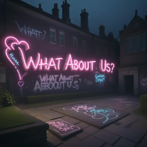 <lora:Harrlogos_v2.0:1> (What About Us? text logo:1.4),outdoors,outside, rich, affluent, English country house, palace, stately home, posh, fancy, garden,graffiti, brick walls, Banksy, neon, neon paint, neon graffiti, surreal, punk, dramatic lighting,  cin...