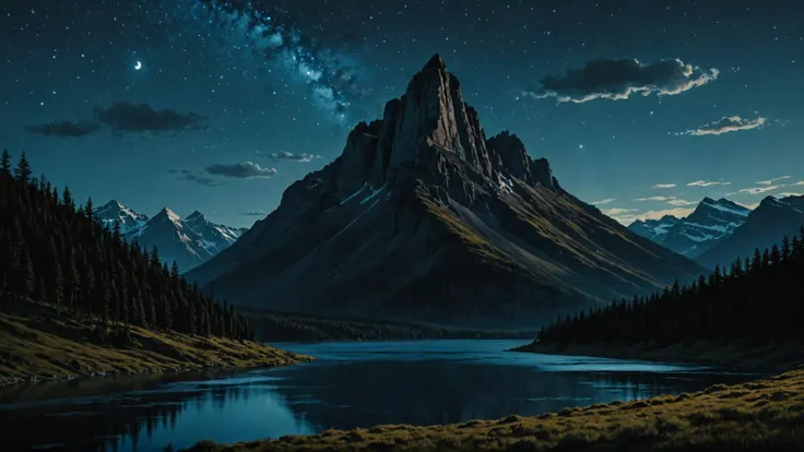 a view of a mountain with a lake and a sky full of stars