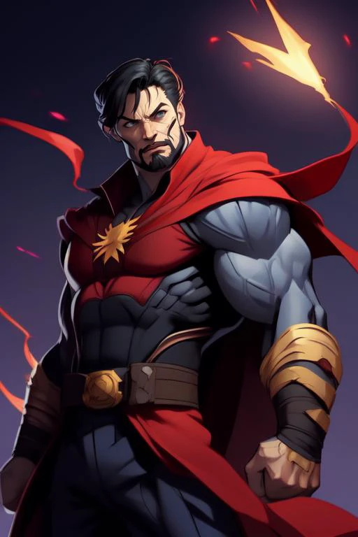 male, from the front, muscle pose, <lora:Kaptaincoca:0.6>, style Kaptaincoca, muscled male, doctor strange, magic,