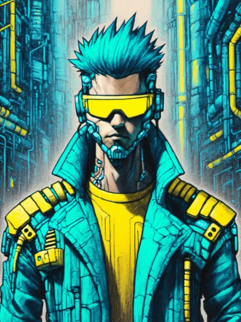 a man in a blue jacket and yellow glasses standing in front of a city