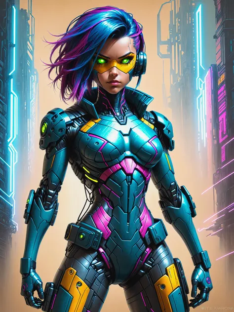 a woman in a futuristic suit with purple hair and neon glasses