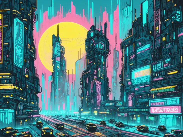 a painting of a city with neon lights and a clock tower