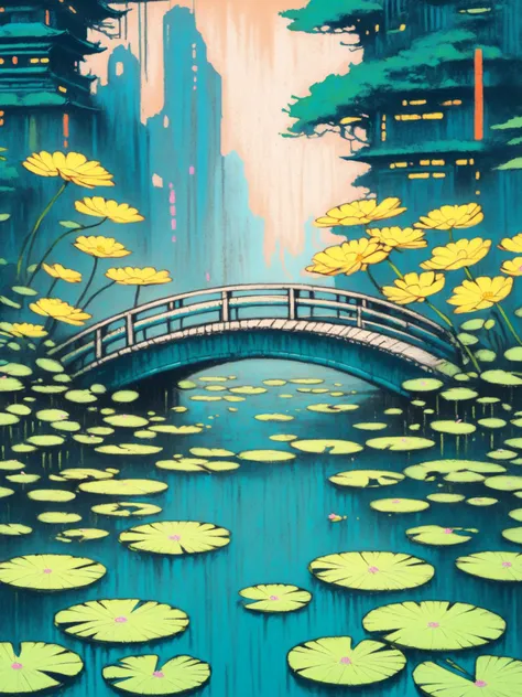 a painting of a bridge over a pond with lily pads