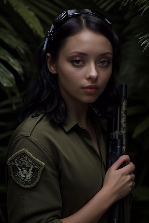 DEN_alina_steamgirl,
(a (soldier:1.1) in the jungle on manoeuvrers wearing (army fatigues:1.2) and holding a rifle, (camouflage:1.2), military, uniform, military, camouflage uniform:1.2),
bokeh, f1.4, 40mm, photorealistic, raw, 8k, textured skin, skin pore...