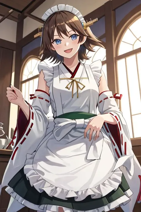 best quality, masterpiece, highres, solo, {maid:1.40}, {long maid dress:1.15}, {hiei_kantaicollection:1.15}, brown_hair, short_hair, hairband, headgear, nontraditional_miko, smile, blue_eyes, flipped_hair, open_mouth