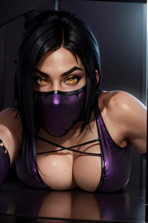 <lora:Mileena_aiwaifu:1>

(masterpiece, best quality, ultra-detailed)

masked_mileena_aiwaifu lying on her stomach and looking at the camera, black_hair, gloves, large_breasts, mask, navel, mouth_mask, makeup, abs, thighs, center_opening, dark_skin, short_...