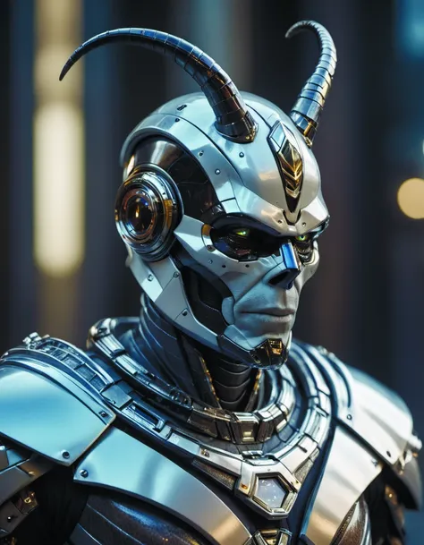 a close up of a robot with horns on his head