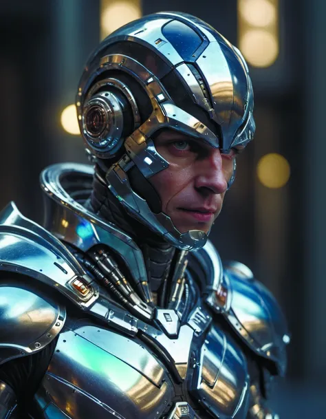 a close up of a man in a futuristic suit with a helmet on