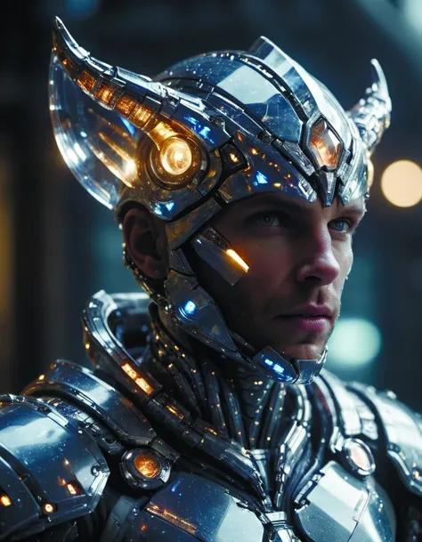 a close up of a man in a shiny armor suit