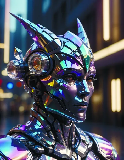 a close up of a person wearing a futuristic costume in a city