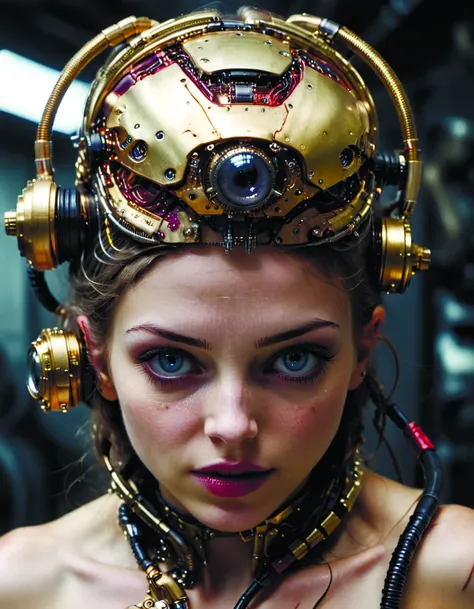 a close up of a woman wearing a gold helmet with headphones