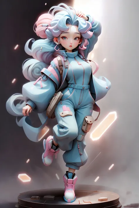 plastican00d, 1girl, ice blue, textured hair, pink, jumpsuit, motion blur, In-depth,looking at viewer, blending<lora:plastican00d-000010:1>