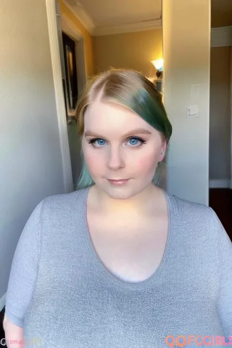 a close up of a woman with green hair and a gray shirt