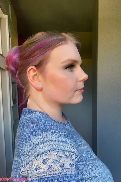 a close up of a woman with pink hair and a blue sweater