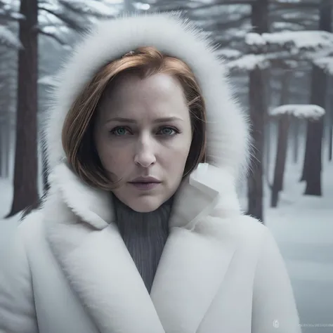 gilliananderson an ,a close up photo (30 year old woman) , (white fur coat), art photography, winter, (snow covered trees, rocky mountains),(dark, fog) (log cabin) 24mm, 4k textures, soft cinematic light, adobe lightroom, photolab, hdr, intricate, elegant,...