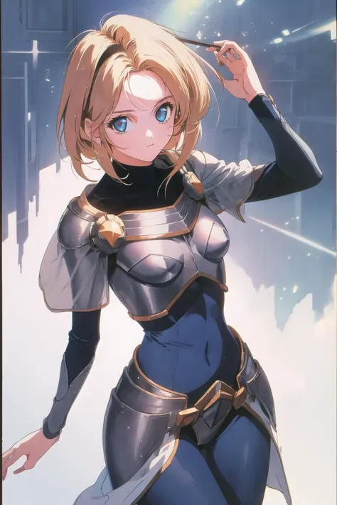 a woman in a blue and black outfit holding a sword