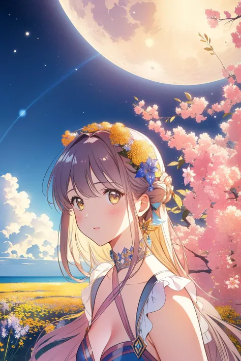 a girl with long hair and a flower crown standing in front of a full moon