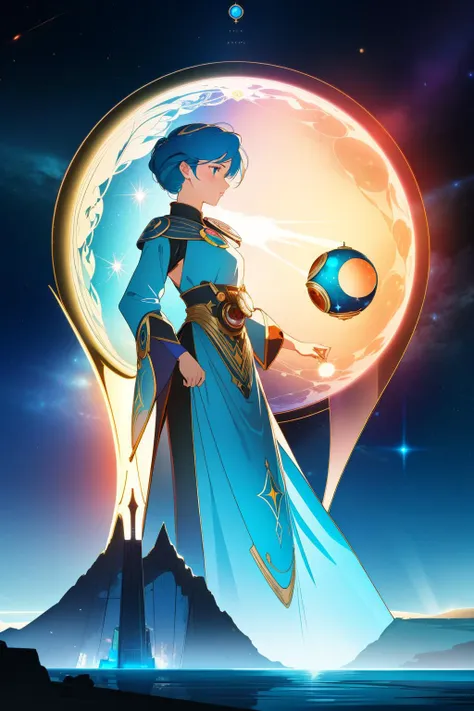 a woman in a blue dress holding a ball in front of a full moon