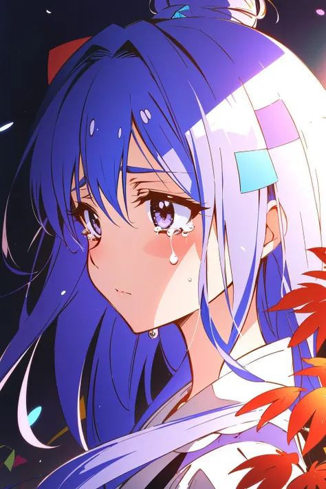 anime girl with blue hair and blue eyes staring at something