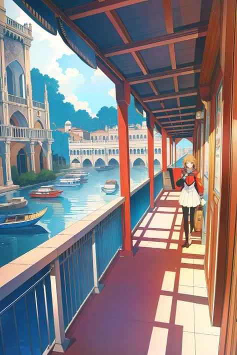 anime art of a woman walking down a walkway next to a river