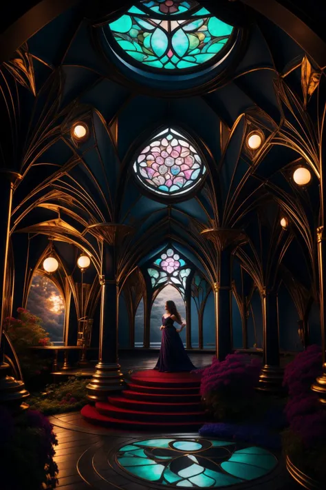 1girl, 8k Octane render, fairy tale, ground level shot of a ("The Embodiment of [Change:Improvement:5] ":1.3) , it is very Art Nouveau and Relaxing, desolate lake and indoors, at Nighttime, shallow depth of field, comics art, [ (cartoon art designed by Jef...