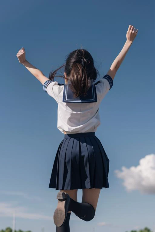 ltra-detailed,highly detailed,best quality,masterpiece,illustration,realistic,photorealistic,
1girl, solo, from behind, 
jump,jumping, school uniform,sailor dress,legs folded, in sky,
<lora:jump_v1_02:0.7>