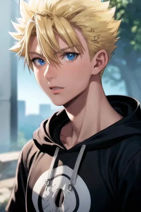 masterpiece, best quality, ultra-detailed, illustration, 1boy, solo, male focus, looking at viewer, upper body, depth of field, <lora:peter_grill:0.74>, peter_grill, blonde hair, blue eyes, spiked hair, hoodie, extremely detailed eyes and face,