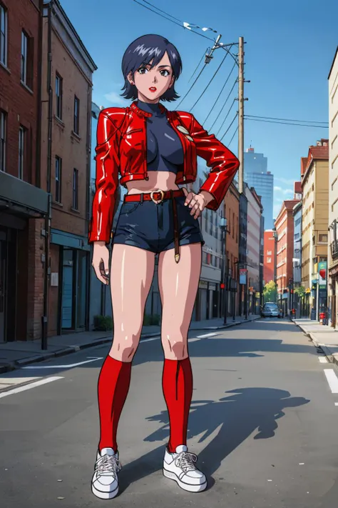 masterpiece, best quality, <lora:Miki_V5-E10_(ViperCTR):0.8> mikictr, stud earrings, red jacket, cropped jacket, crop top, belt, shorts, kneehighs, red socks, sneakers, lipstick, 1990s (style), retro artstyle, large breasts, arched back, looking at viewer,...