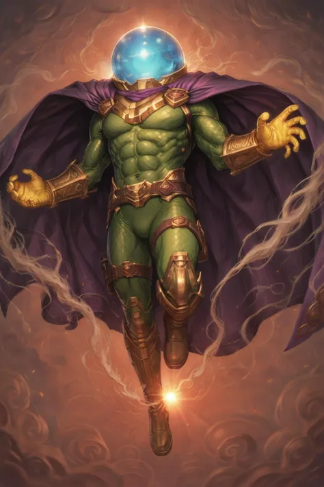 a man in a green suit with a purple cape and a blue ball