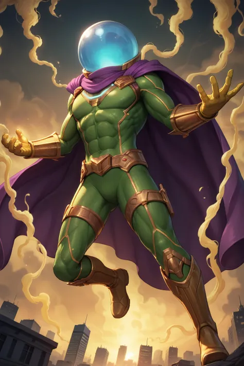 a cartoon image of a man in a green suit with a purple cape