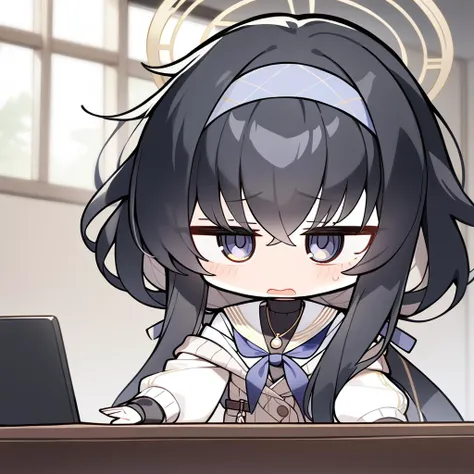 anime girl sitting at a desk with a laptop computer