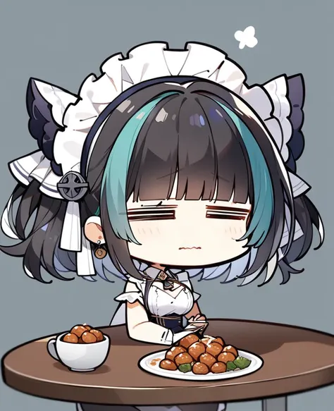 anime character of a maid with a plate of food on a table