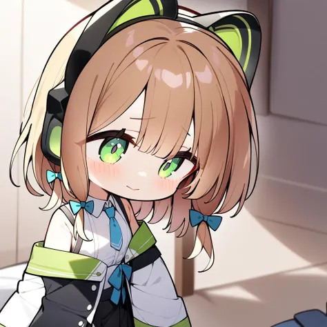 anime girl with cat ears and green eyes sitting on a bed